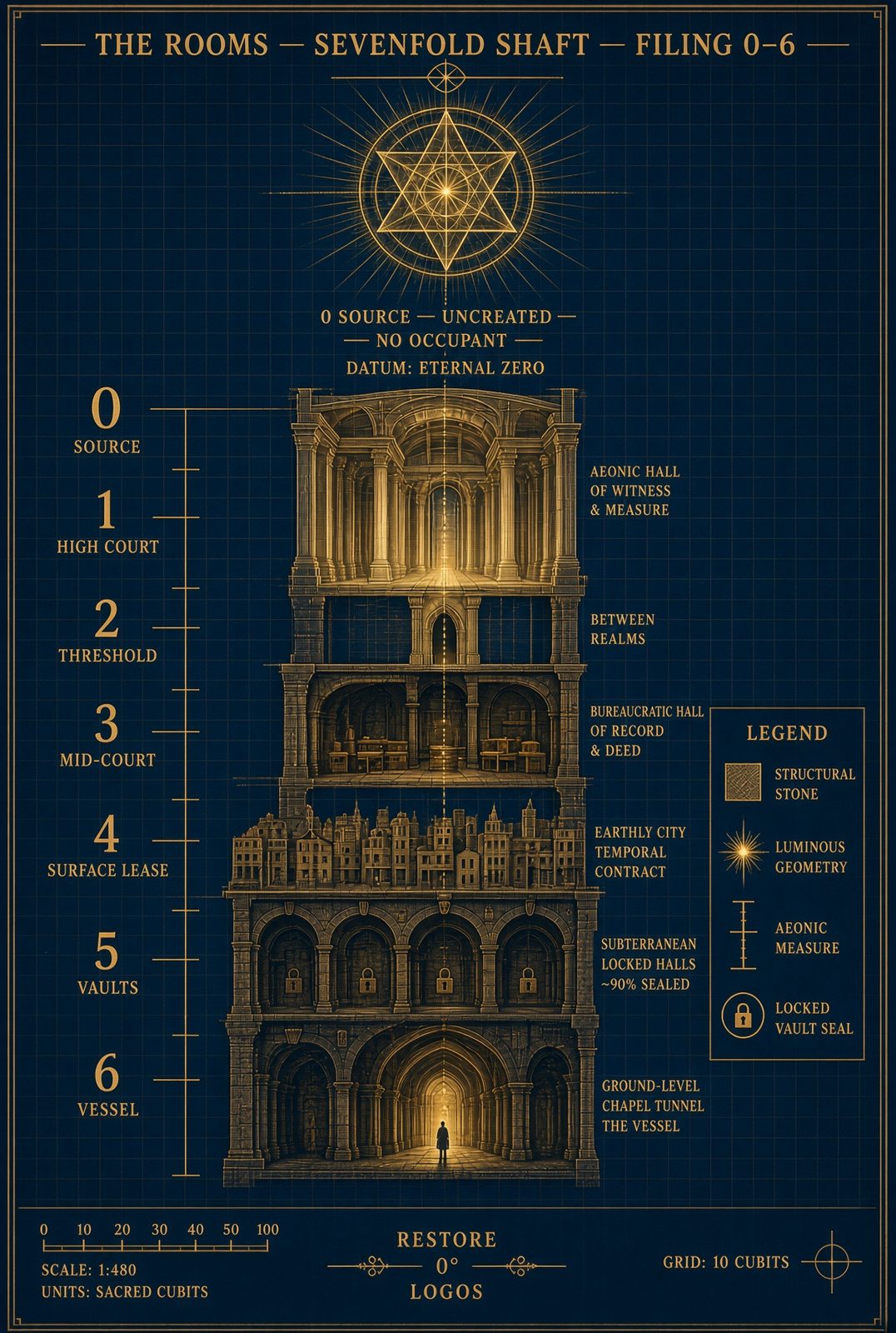 The Rooms sevenfold shaft, filing 0–6. Source uncreated, no occupant. High Court is the aeonic hall.